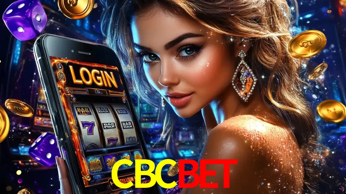 Mulher glamorosa segurando um smartphone com a tela de login para os jogos de caça-níqueis do cassino online CBCBET, com moedas de ouro e dados ao redor.