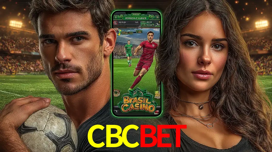 Homem segurando uma bola de futebol e uma mulher ao lado de um smartphone exibindo o jogo de apostas esportivas da CBCBET. Faça seu palpite no cassino online.